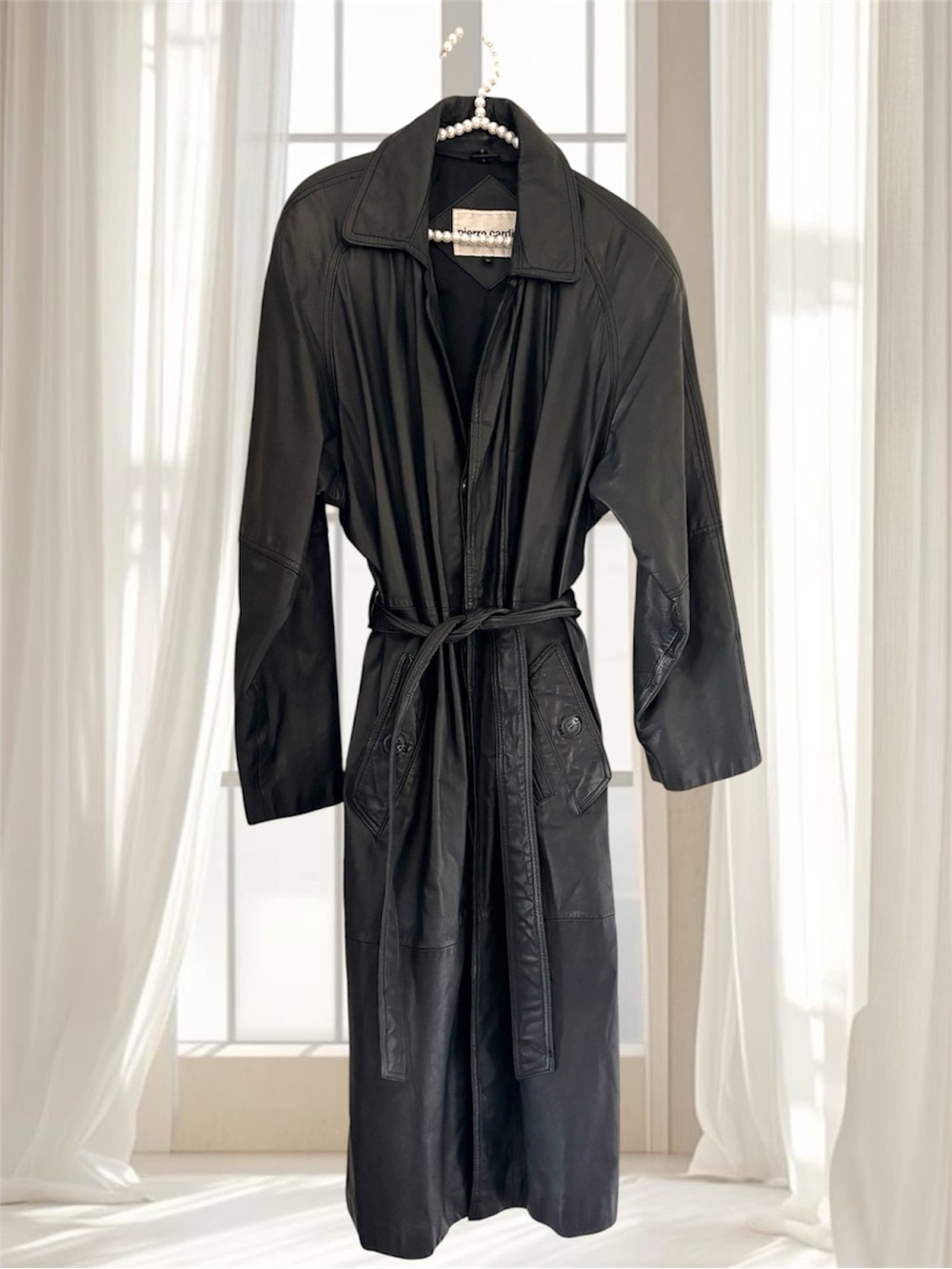 VTG Pierre Cardin Black Leather Trench Coat Size M L